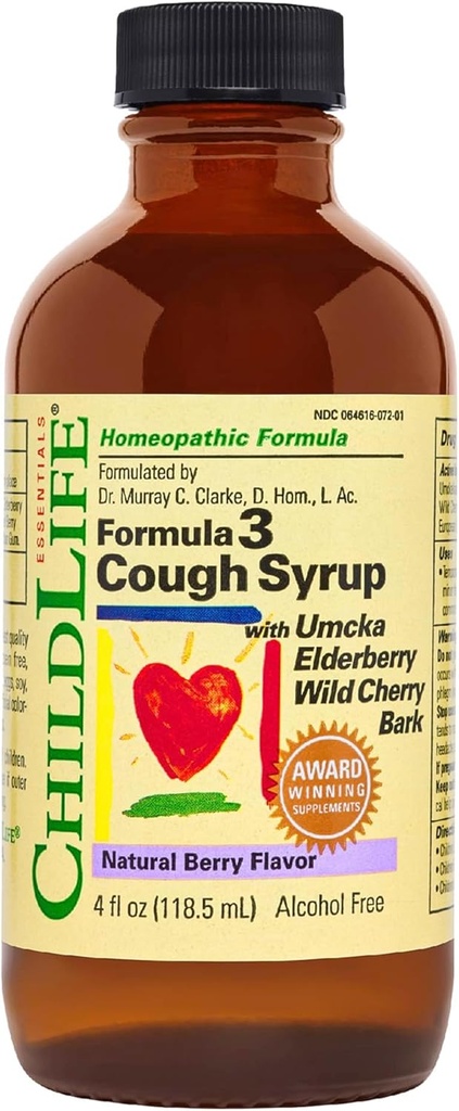 CHILDLIFE Essentials Formula 3 Kids Cough Syrup - Children's Cough Medicine for Kids 2-11, with Umcka, Elderberry & Wild Cherry Bark, Gluten Free - Natural Berry, 4 Fl Oz
