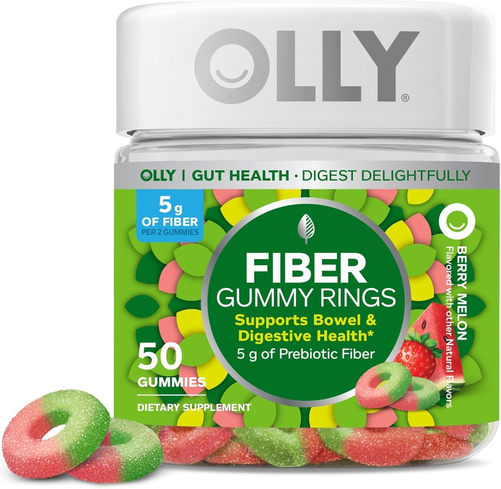 Anneaux Gummy en fibre OLLY, 5g Fibre prébiotique, FOS (Fructo-oligosaccharides), Soutien digestif, Berry Melon 50ct
