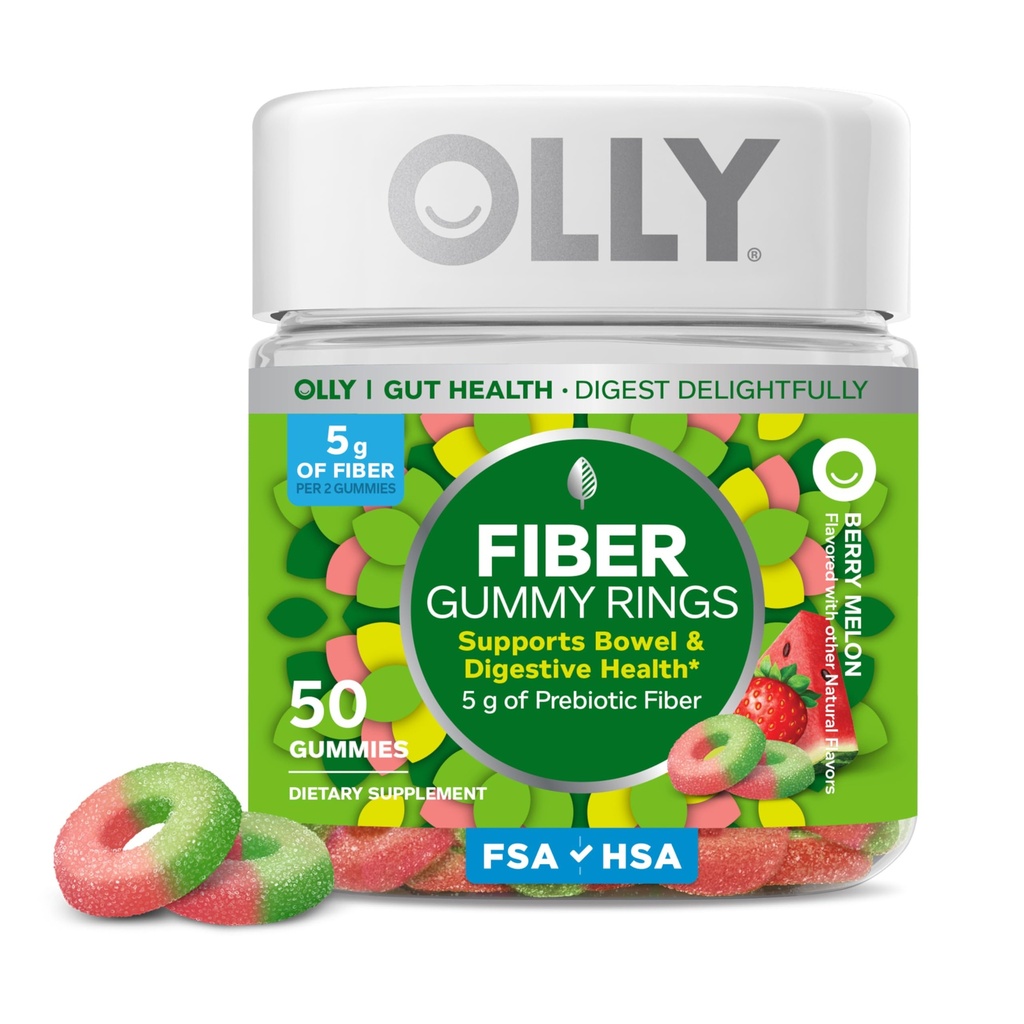 Anneaux gommy en fibre OLLY Fiber, 5g FOS Fibre prébiotique, supplément de santé digestif,* pastèque fraise aromatisée, 25 jours d'approvisionnement - 50 comtes