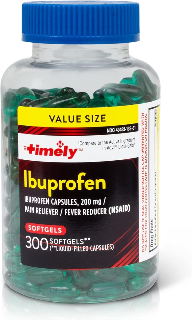 LABS TEMPORAIRE, INC. Ibuprofène en temps opportun 200mg - 300 Softgels liquides - Comprimés de soulagement de la douleur et réducteur de fièvre - pour soulager les maux de tête, la douleur menstruelle, les douleurs dentaires