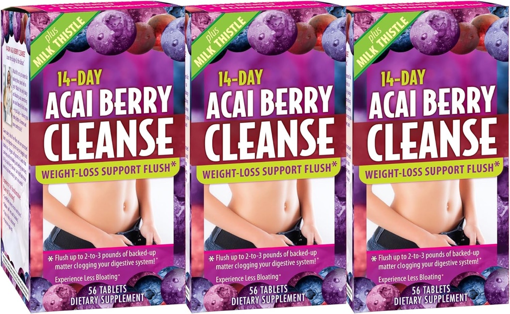 Applied Nutrition 14-Day Acai Berry Cleanse - 56 Tablets, Pack of 3 - Weight-Loss Support Flush + Milk Thistle - 84 Total Servings