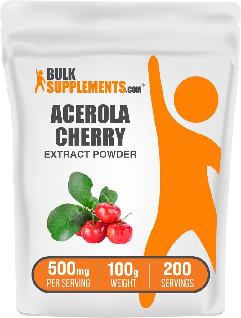 BulkSupplements.com Poudre d'extrait de cerise d'acérola - supplément naturel de vitamine C, poudre de cerise d'acérola - végétalien et sans gluten, 500mg par portion, 100g (3.5 oz) (paquet de 1)