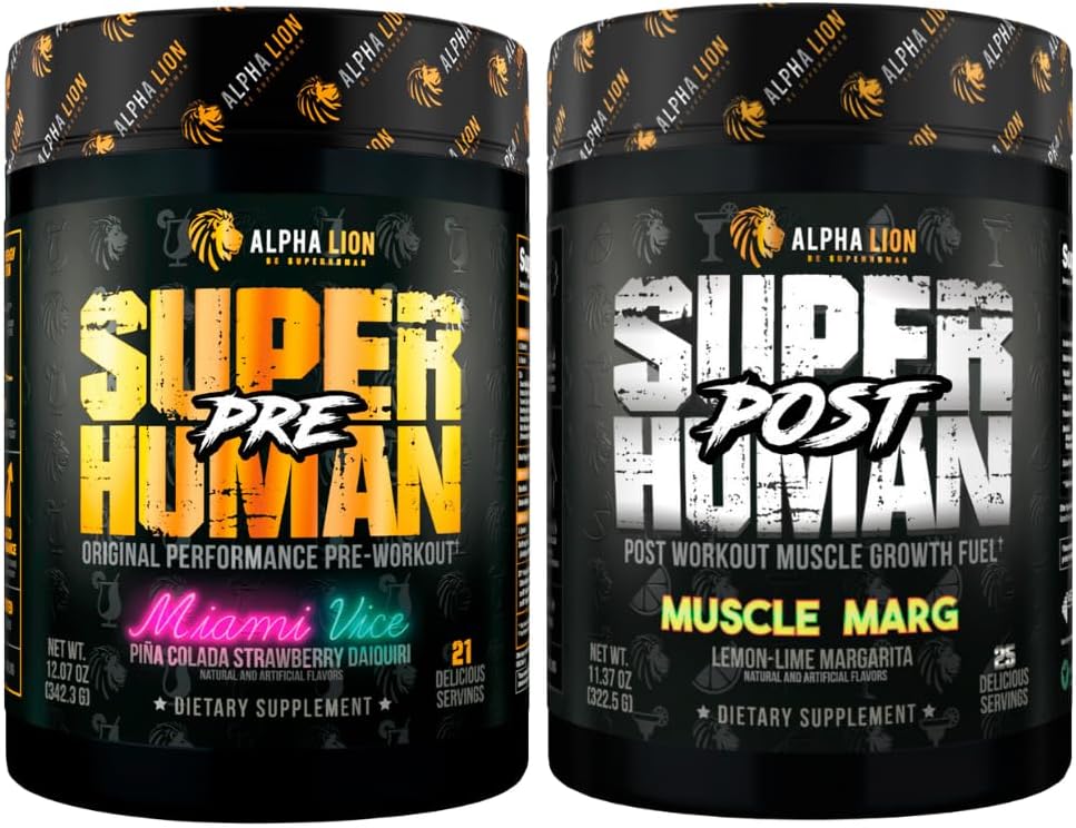 ALPHA LION Pré-entraînement surhumain Poudre et post-entraînement Recovery Bundle, Sustained Energy & Focus + Lean Muscle Growth, Strength & Volume (Miami Vice & Muscle Marg)
