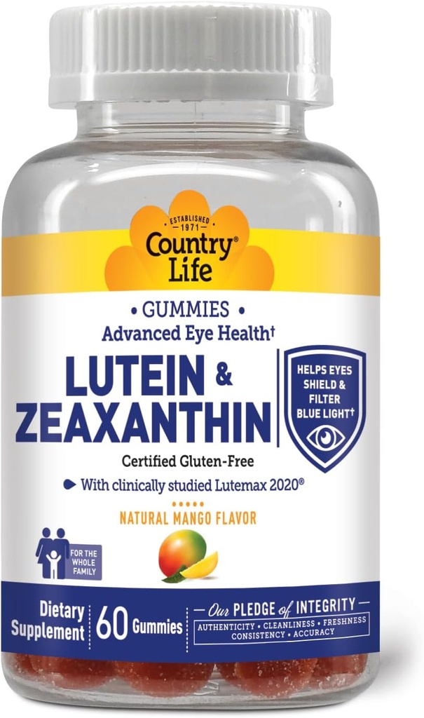 Country Life Lutein Gummies avec Lutemax 2020, 60 Ct, supplément de soutien pour les yeux naturels à croquer, Marigold Lutein, Zeaxanthin, Eye Health & Macular Support, non-OGM, Pectine de fruits naturels, végétalien