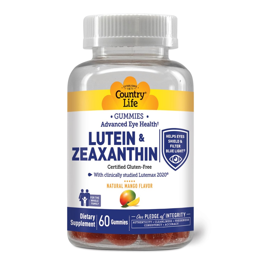 Country Life Lutein Gummies avec Lutemax 2020, 60 Ct, supplément de soutien pour les yeux naturels à croquer, Marigold Lutein, Zeaxanthin, Eye Health & Macular Support, non-OGM, Pectine de fruits naturels, végétalien