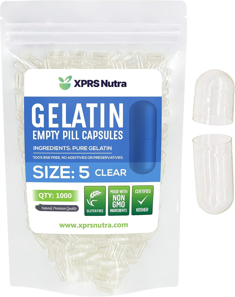 XPRS Nutra Taille 5 Capsules vides - 1000 Compter Capsules de gélatine vides très petites - Pills Bricolage Capsule Remplissage - Gel de pilules rechargeables pour Do-It-Youlf Suppléments de vitamines