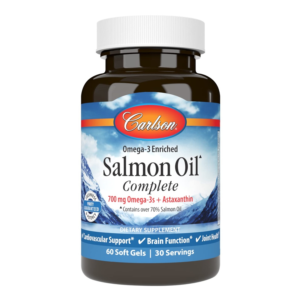 Carlson - Huile de saumon complète, 700 mg Oméga-3s + Astaxanthine, Soutien cardiovasculaire, Fonction cérébrale et santé articulaire, 60 Softgels