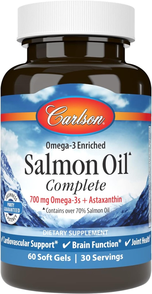 Carlson - Salmon Oil Complete, 700 mg Omega-3s + Astaxanthin, Cardiovascular Support, Brain Function & Joint Health, 60 Softgels
