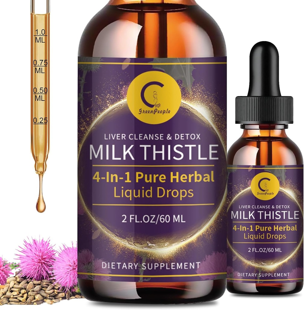 Extrait de chardon de lait gouttes pour nettoyer le foie Détox & réparation, supplément de foie avec racine de dandelion, artichaut et curcuma, supplément de soutien du foie à base de plantes tout naturel, végétalien, non-OGM, 2 FL OZ