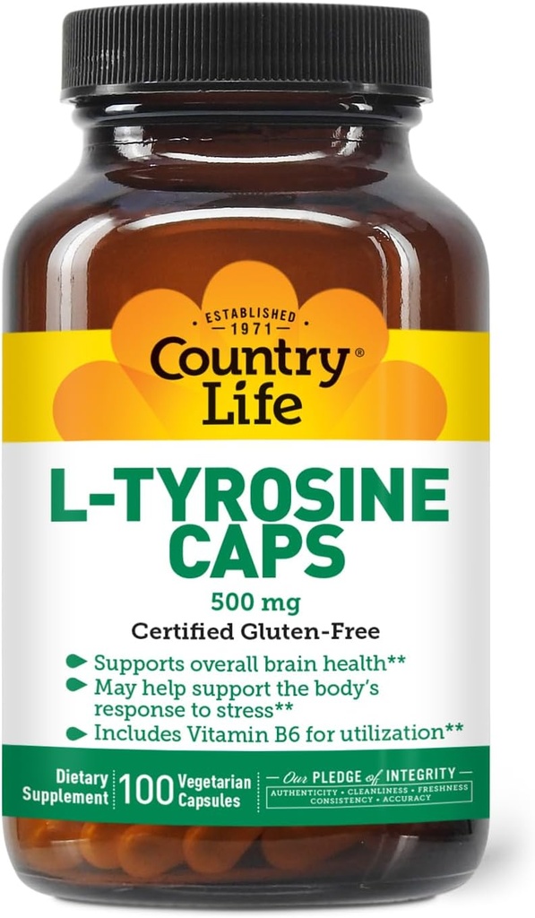 Country Life L-Tyrosine 500mg avec supplément vitamine B6 - Certifié sans gluten, végétarien, kosher, boosts focus & Energy, soutient la santé cérébrale, améliore la clarté mentale, non-OGM - 100 capsules