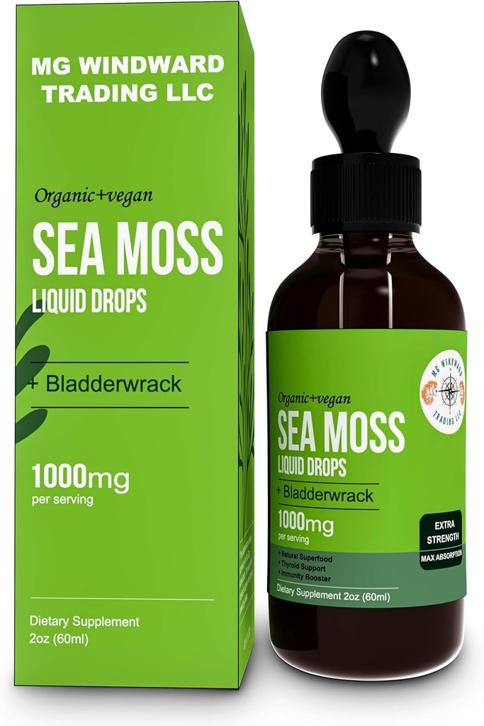 Boussole de mer biologique gouttes liquides $ 30 000 MG $ Mouss de mer avec bladderwrack, Elderberry $ 4X Moss de mer biologique plus forte que les pilules et capsules pour une vie saine globale! 1 bouteille