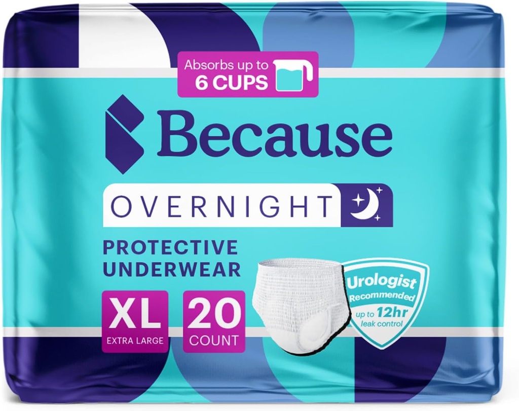 Parce que la nuit s'absorbe - sous-vêtements d'incontinence jetables pour adultes, slips de nuit extra absorbants pour hommes et femmes, blanc, XLarge, 20 comtes