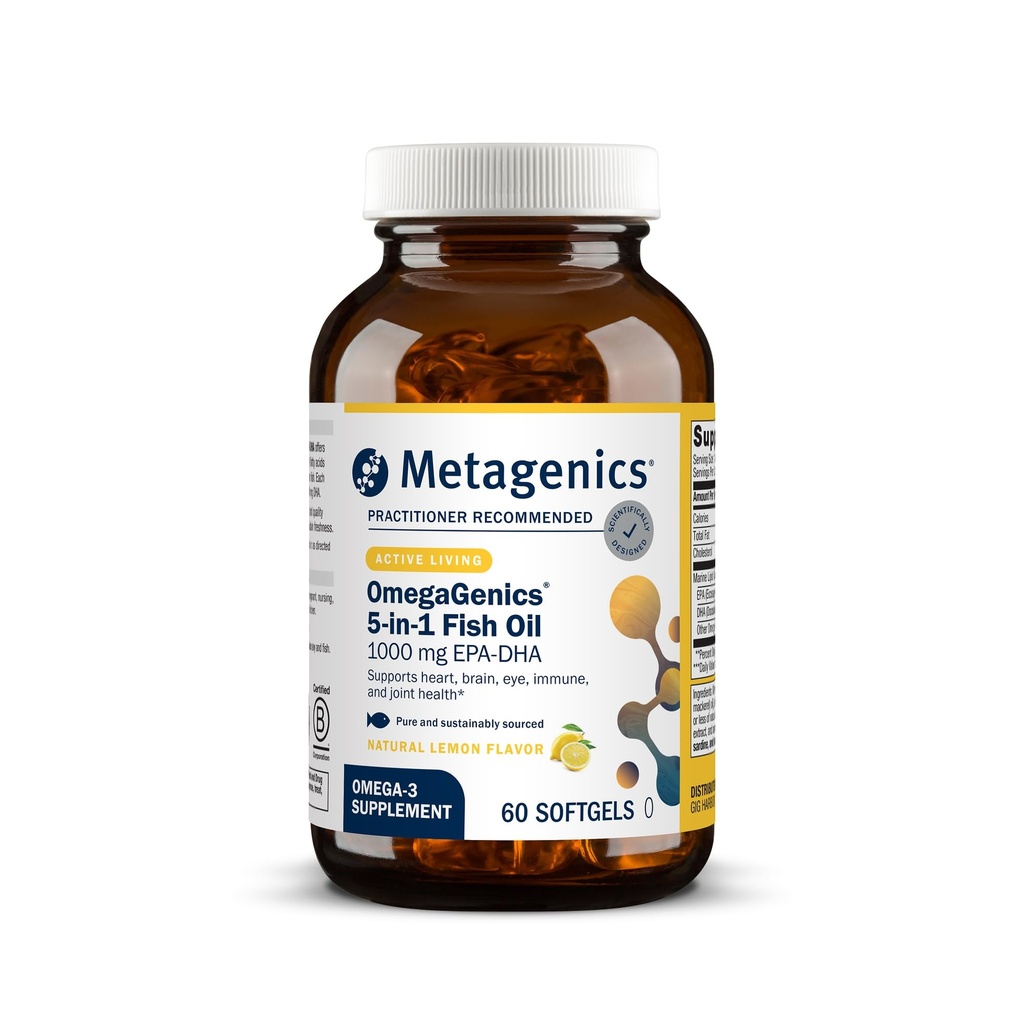 Métagène OmegaGenics Omega-3 Huile de poisson 1000mg EPA DHA - Supplément Omega 3 à haute puissance pour la santé du coeur, du cerveau et des articulations-Provenant durablement- 60 Softgels