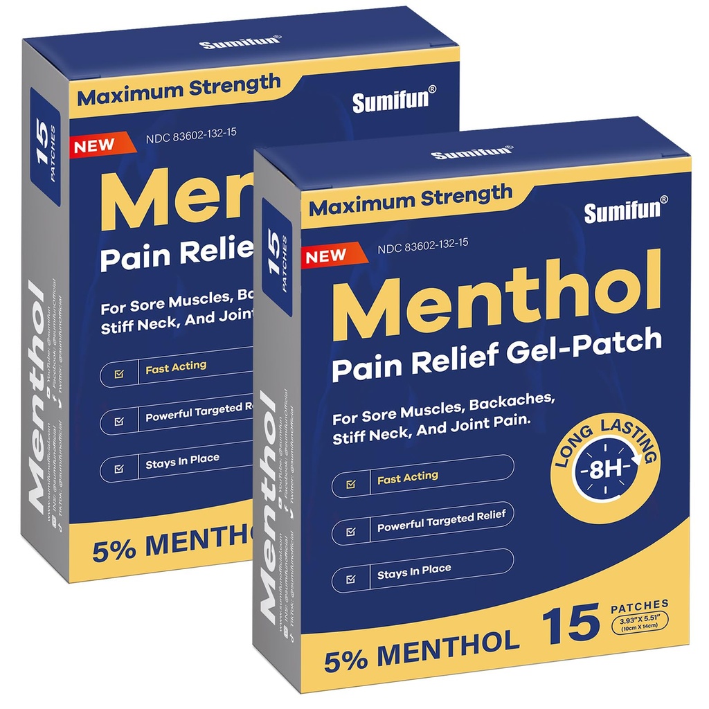 Sumifun 5% Menthol Pain Relief Patches - 30 Count Pain Patches for Neck,Shoulder, Elbow, Knee & Back Pain Relief - Lower Back Pain Relief Products - Menthol Maximum Strength Pain Relief Patches