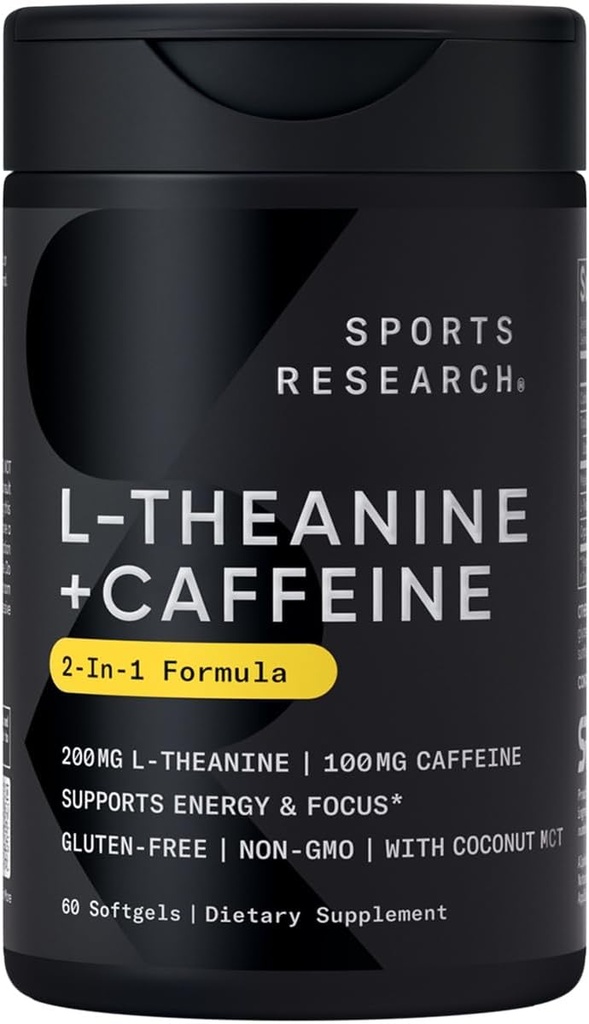 Recherche sportive L-Theanine supplément avec caféine et huile de noix de coco MCT - Énergie concentrée, alerte et relaxation sans somnolence - 200mg L Theanine, 100mg Caféine biologique - 60 Softgels liquides