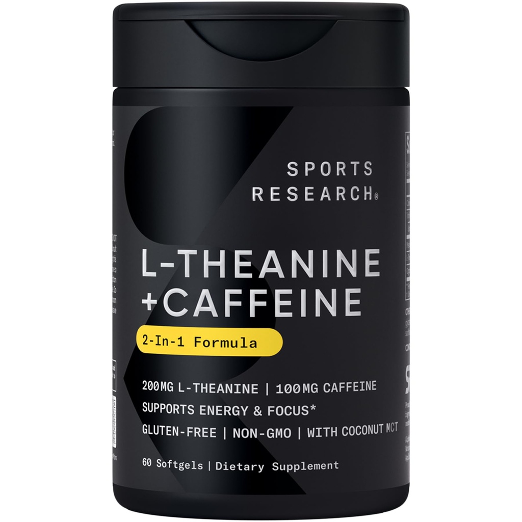 Recherche sportive L-Theanine supplément avec caféine et huile de noix de coco MCT - Énergie concentrée, alerte et relaxation sans somnolence - 200mg L Theanine, 100mg Caféine biologique - 60 Softgels liquides