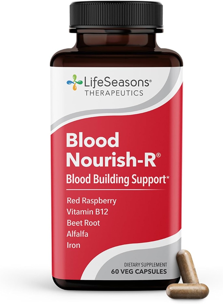 LifeSeasons Blood Nourish-R - Supplément de carence en fer - soutient l'anémie, la fatigue, la pâleur et les vertiges - Non Constipation - Blood Building - Fer, Alfalfa, Framboise et Vitamine B-12-60 Capsules