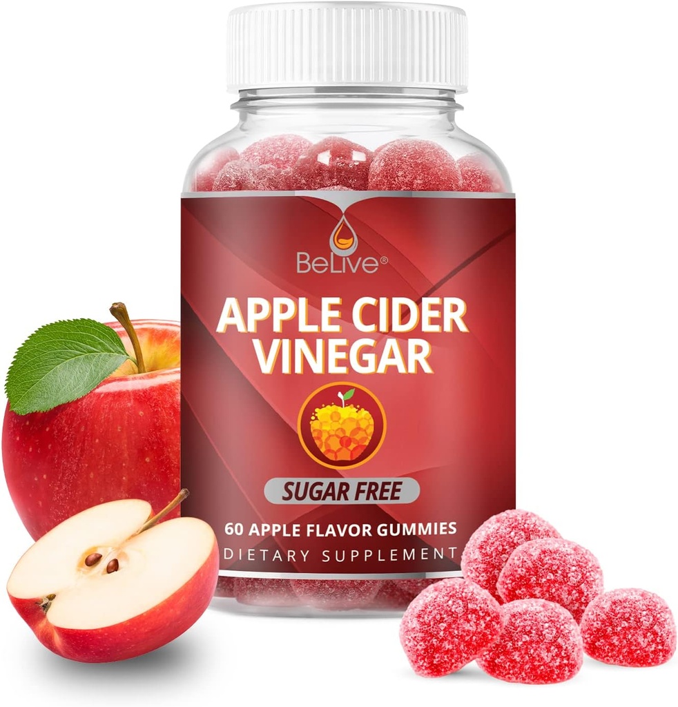 Gommies de vinaigre de cidre de pomme BeLive - Gommies de vinaigre de cidre de pomme sans sucre I Detox & Cleanse Digestive Health I Alternative to Capsules, Vegan, Keto Friendly, Non-OGM, Sans gluten