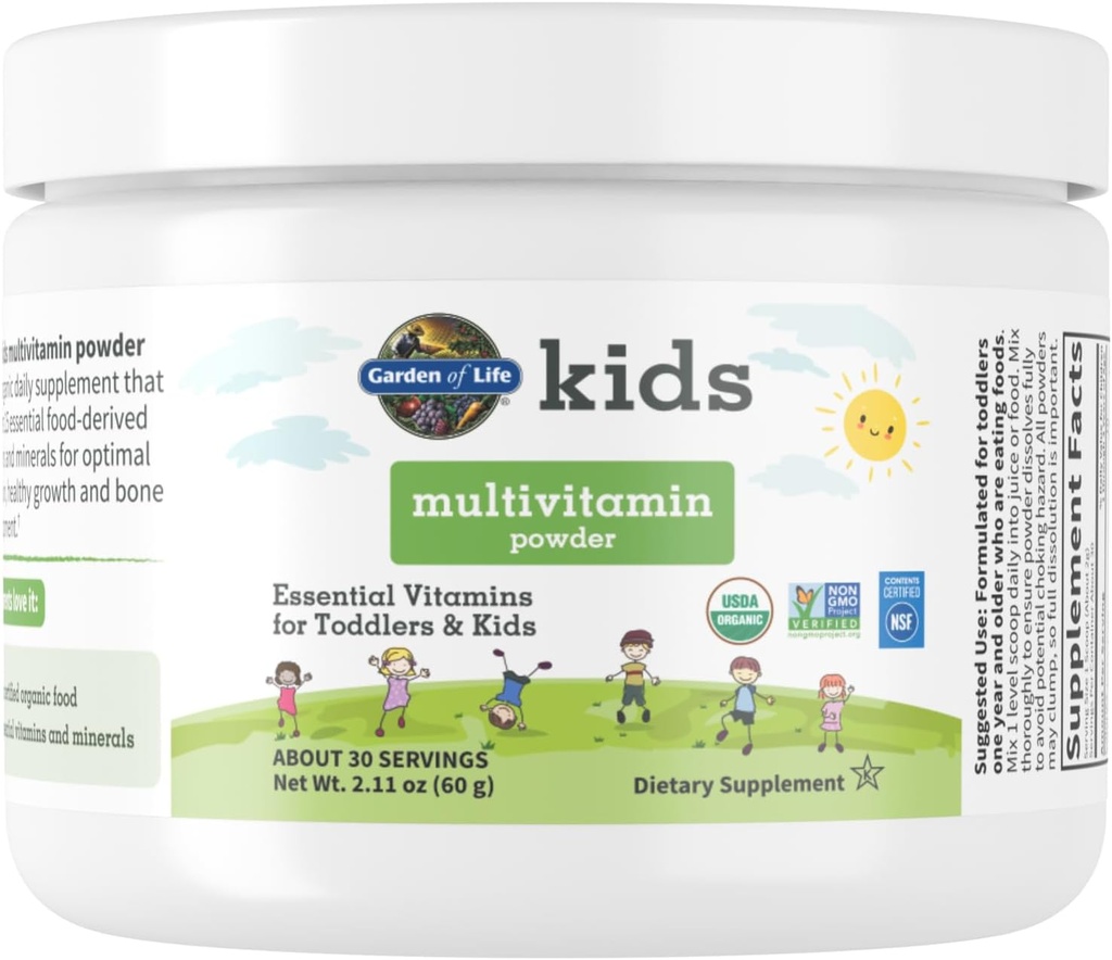 Jardin de la vie Enfants en poudre multivitamines, vitamines quotidiennes et minéraux pour les jeunes enfants et les enfants - Poudre multijeune biologique avec 15 vitamine C, D3, zinc pour une croissance saine - Sans gluten - 30 jours d'approvisionnement