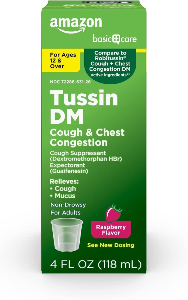 Soins de base Tussin DM, Toux Plus Sirop de congestion thoracique pour les adultes et les 12 ans et plus, Arôme framboise, 4 fl oz (paquet de 1)