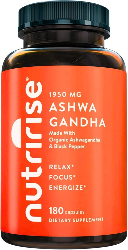 NutriRise Organic Ashwagandha Capsules de racines avec poivre noir 1950mg, Stress naturel et l'humeur, complément de soutien thyroïde et immunitaire, aide au sommeil, clarté, focus et énergie, sans gluten, 180 Compte
