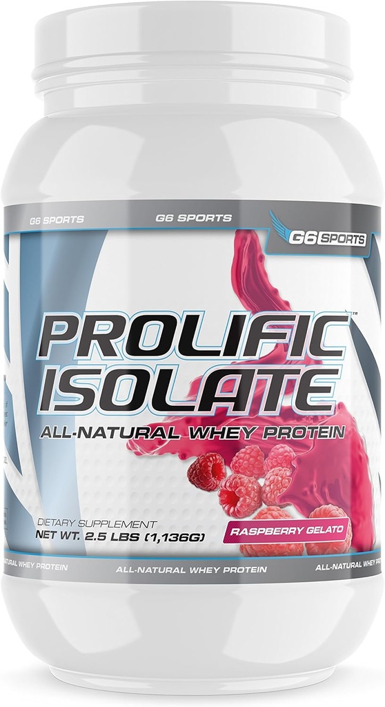 G6 Sports Nutrition Prolifique Isolée Toutes les protéines de lactosérum naturelles (sans gluten, sans lactose, sans soja, sans Stevia sucrée, 25g de protéines, 100 calories) – 2,5lb Jar – Gelato de framboise