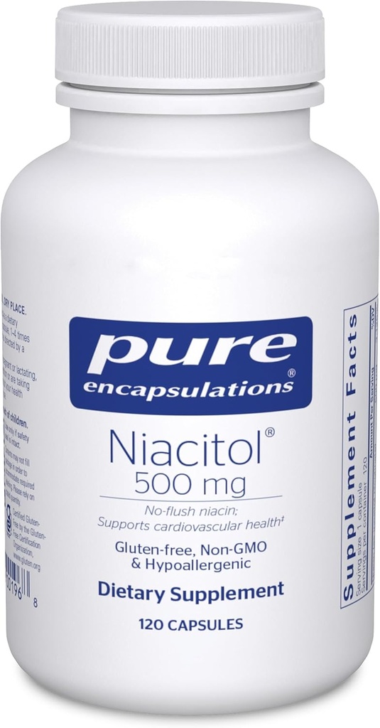 Encapsulations pures Niacitol 500 mg de Niacine hypoallergénique sans flosh pour soutenir la digestion, la synthèse hormonale et la formation de tissus