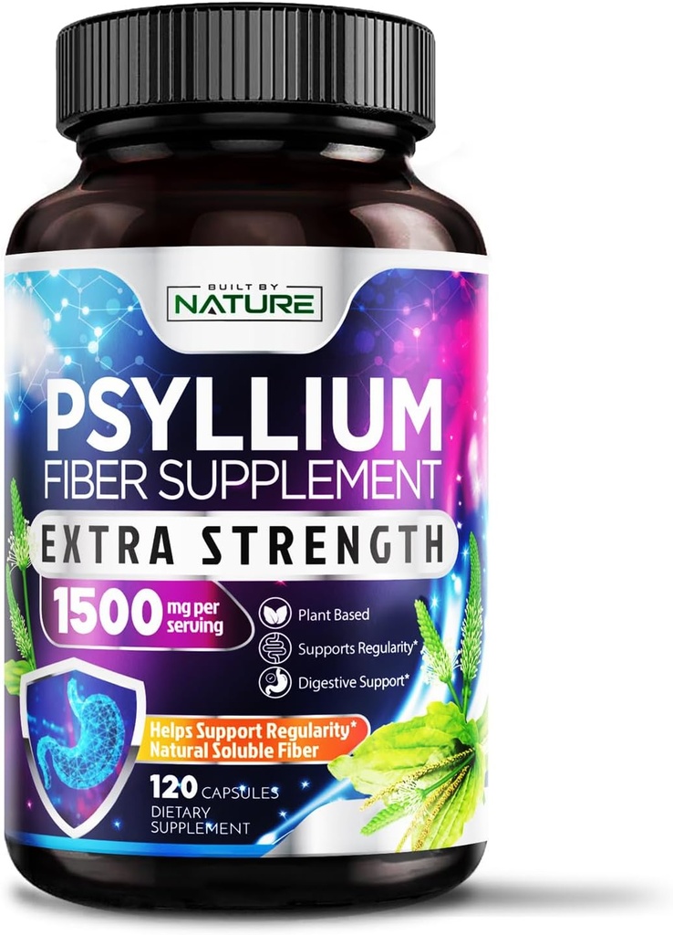 Psyllium Husk Capsules 1500mg - Supplément de fibre - Pilules de fibre naturelle soluble avec poudre de Psyllium Husk - Soutient la santé des Guts et des Colons - Non-OGM, Sans gluten, Vegan - 120 Capsules