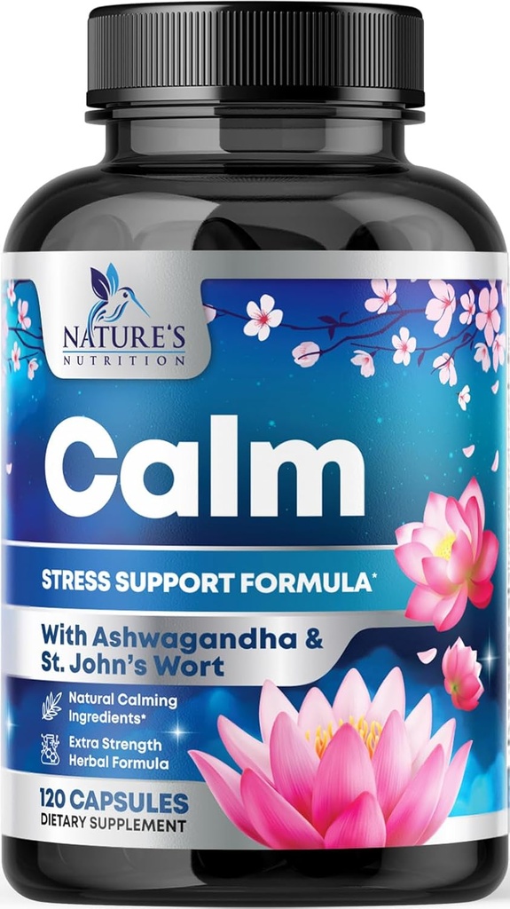 Natural Calm, Unwind & Relax Support - Ashwagandha, GABA, Magnesium, L-Theanine & More - Natural Focus, Energy & Immune Support - Nature's Non-GMO, Vegan, Gluten Free, Bottled in USA - 120 Capsules