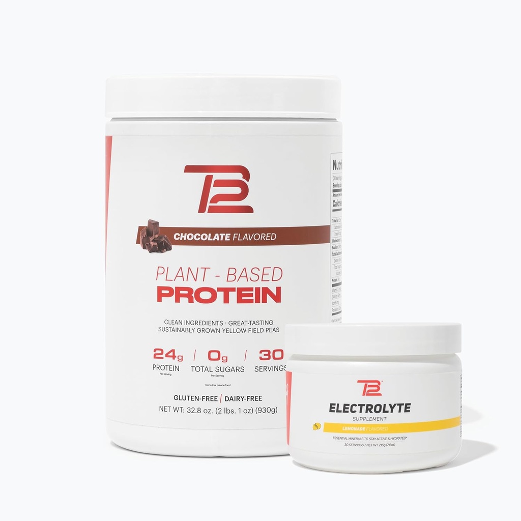 TB12 Ensemble de résistance et d'hydratation à base de plantes (poudre de protéines de chocolat et électrolytes de limonade), soutien de la récupération et de l'hydratation des muscles, sans produits laitiers, sans OGM, sans soja