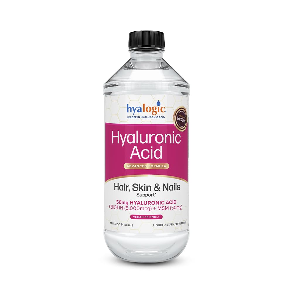 Supplément Hyalogic liquide à l'acide hyaluronique - Soutien pour les cheveux, la peau et les ongles sains avec 5 000 mcg de biotine et 50 mg de MSM - Hydratation naturelle pour le corps entier - Formule de poids moléculaire élevé - 12 oz