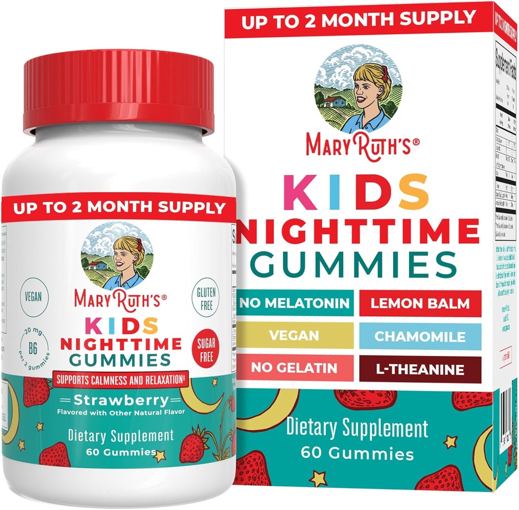 MaryRuth Organics Kids Nighttime Gummies (en anglais seulement) Sans sucre Aucune mélatonine avec L Theanine, Baume de citron, Camomille, Vitamine B6 (en anglais seulement) Soutien à la relaxation pour les enfants 2 + (en anglais seulement) Sans OGM 60 Compte