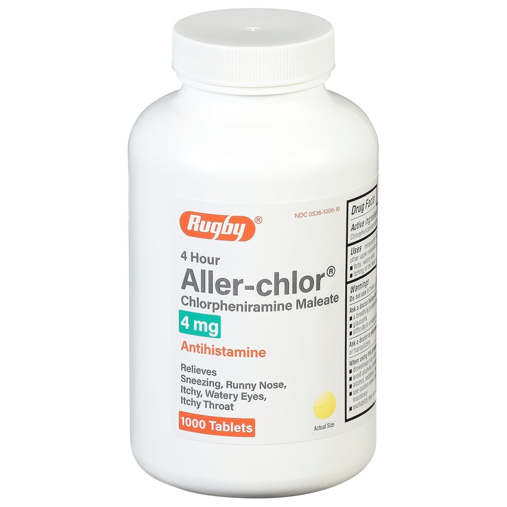 Rugby 4 heures Allerchlore - Chlorphéniramine Maléate 4 mg - Antihistamine - 1000 comprimés (1 emballage)