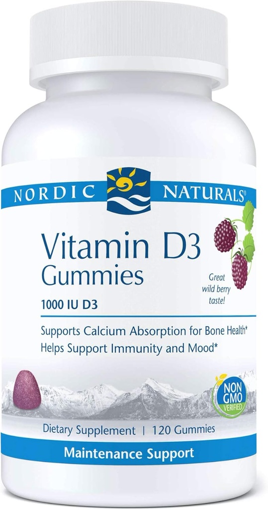 Nordic Naturals Pro Vitamine D3 Gummies, Berry sauvage - 120 Gummies - 1000 UI Vitamine D3 - Grand goût - Bons sains, l'humeur et le système immunitaire Fonction - Non-OGM - 120 portions