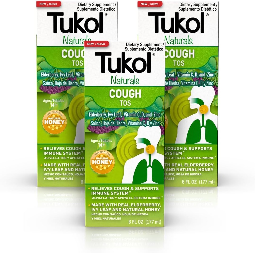 Syrup TUKOL Naturals Elderberry avec vitamine C, D et zinc, supplément de soutien immunitaire avec miel naturel pour adultes et adolescents, boost herbal Elderberry pour l'immunité et le soutien antioxydant, 6oz, pack de 3