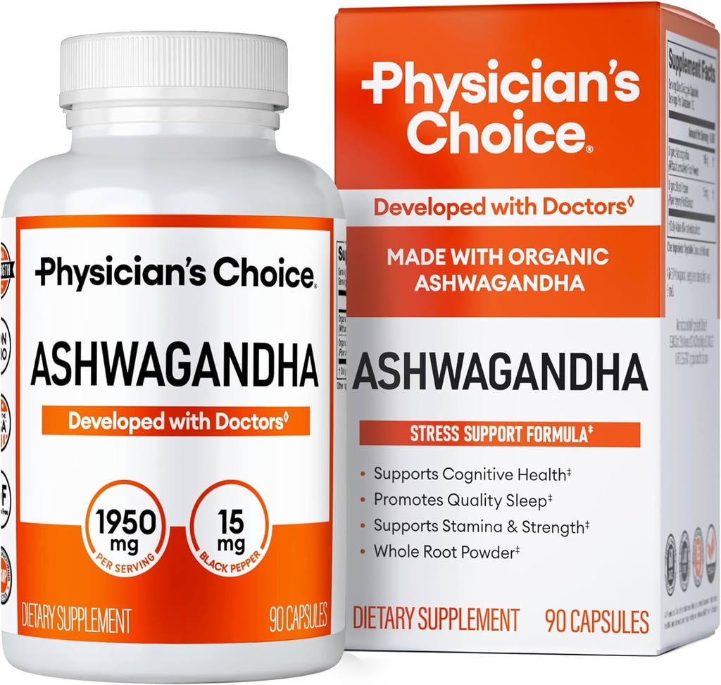 Supplément Ashwagandha du médecin - 1950mg de poudre de racine bio disponible Ashwagandha - Extrait de poivre noir, support du stress, supplément de soutien de l'humeur, 90 capsules de Veggie Ashwagandha