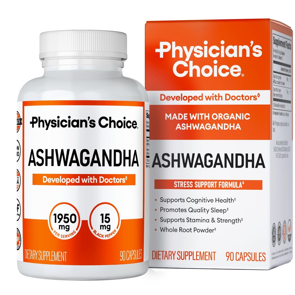 Supplément Ashwagandha du médecin - 1950mg de poudre de racine bio disponible Ashwagandha - Extrait de poivre noir, support du stress, supplément de soutien de l'humeur, 90 capsules de Veggie Ashwagandha