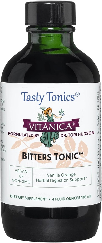 Vitanica Bitters Tonic, Supplément de digestion liquide, Support de digestion, Sans alcool, Vanilla Orange, Vegan, 4 Once (Bitters Tonic)