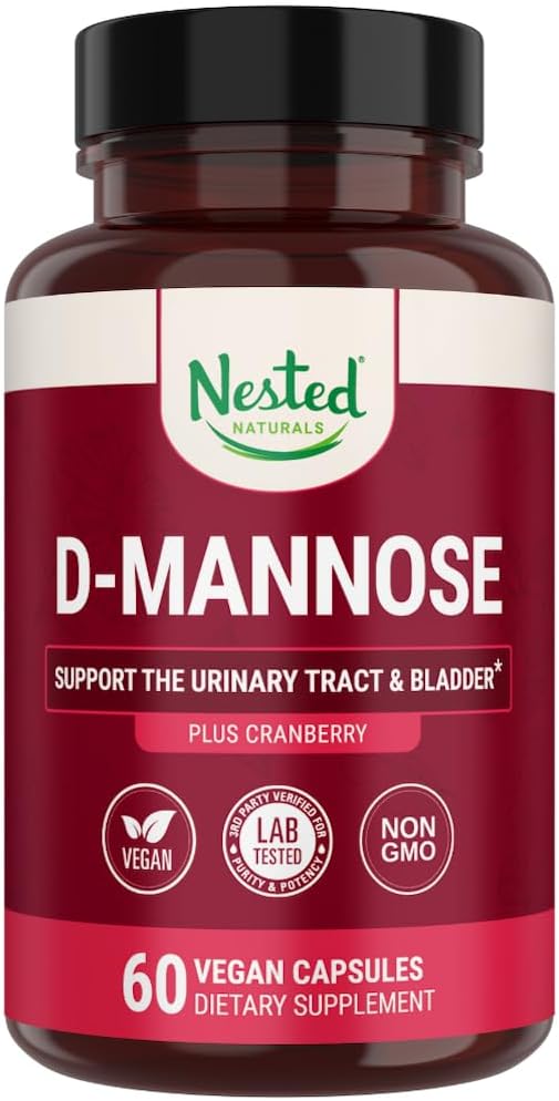 Nested Naturals D-Mannose 500mg Caspules avec extrait de canneberge, pilules de canneberge D, soutien urinaire et vétuste, 60 capsules véganes