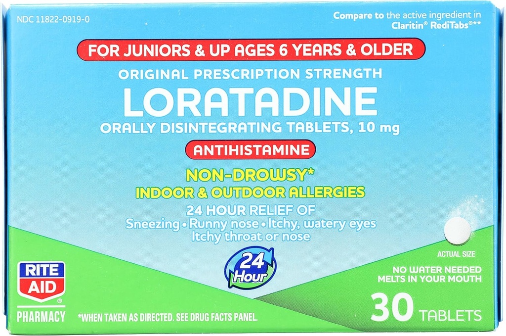 Rite Aid Kid's Non-Drowsy Allergy Relief, Loratadine 10mg, Mint Flavor - 30 comprimés