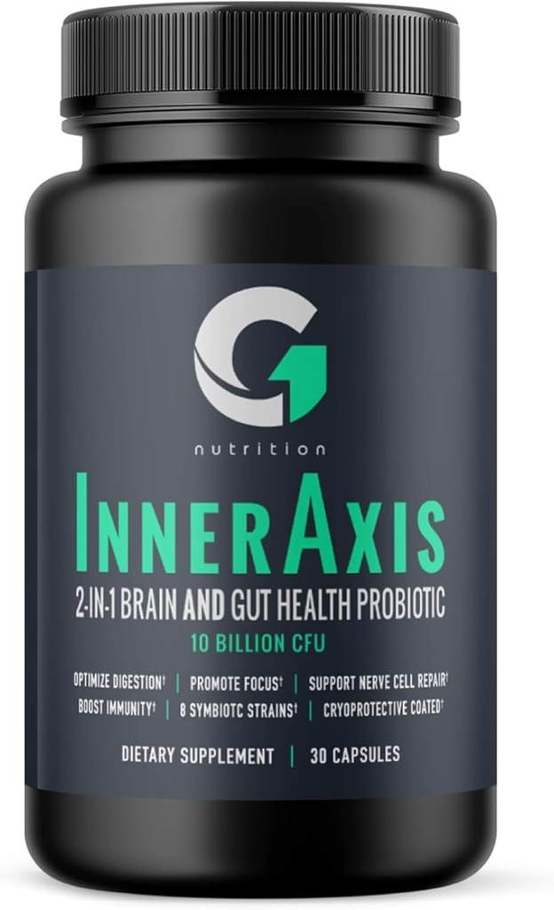 InnerAxis 2-en-1 Cerveau et Gut Santé Probiotique, 10 milliards UFC, 8 souches symbiotiques pour Gut, Psychobiotique, Mood et Soutien du cerveau, Acidophilus Probiotique pour les femmes et les hommes, 30 portions
