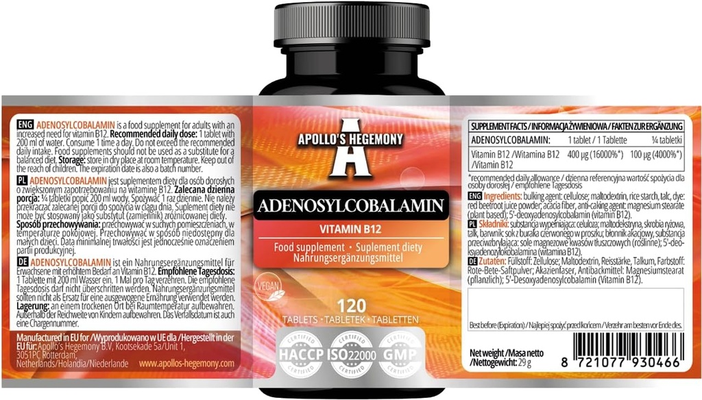 APOLLO'S HEGEMONY Adenosylcobalamin 120 Tablets - Optimal Bioavailable Vitamin B12 for Enhanced Energy Metabolism - 480 Servings - Diet Supplement