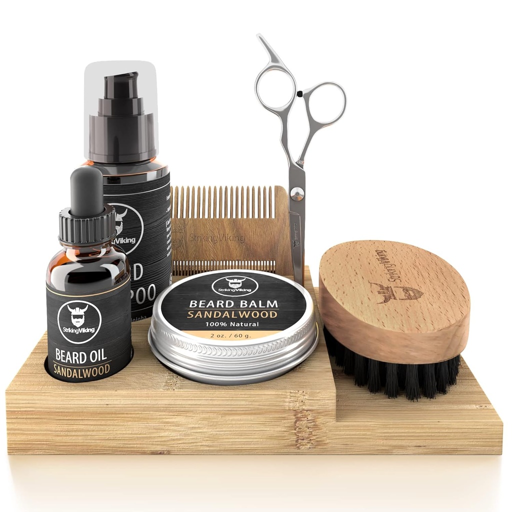 Kit de croissance Viking Strikeing - Set 7 pièces, Sandalwood Scent & Caddy - Huile et baume avec brosse à barbe, peigne & ciseaux à double pointure et peigne à moustache pour le toilettage et le stylage