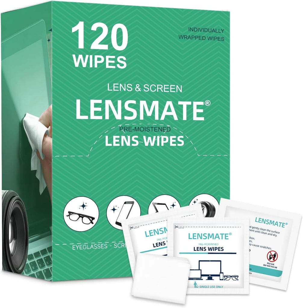 Essuie-glaces Lensmate 120 Count Lens pour Lunettes de vue, Pré-Moyennées et Enveloppées Individuellement, Essuie-glaces pour Lens Cleaning pour Lunettes de vue, Lunettes de soleil, lunettes de soleil et objectif caméra