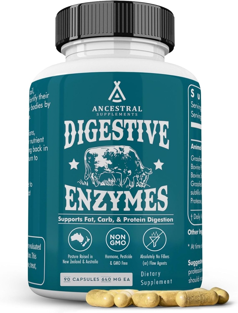 Suppléments ancestraux Enzymes digestifs pour les femmes et les hommes, 90 Capsules, avec des probiotiques et des organes de boeuf gras, soutient la santé Gut, la santé digestive et l'absorption nutritive, sans allergène, sans OGM