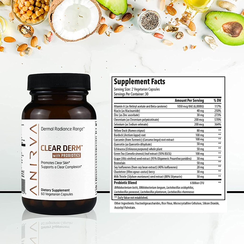 Clear Skin Supplement with Zinc & Probiotics for Adults – Supports Hormonal Acne, Breakouts & Rosacea – Acne Pills for Clearer Complexion – Anirva ClearDerm
