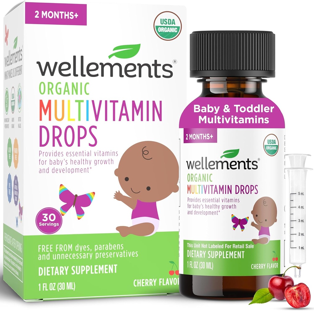 Wellements Des gouttes de multivitamines biologiques pour bébés (1 Fl Oz) - Multivitamines liquides pour nourrissons et tout-petits (2 mois+) - Vitamines pour nourrissons pour le soutien immunitaire*, croissance saine et développement des os*