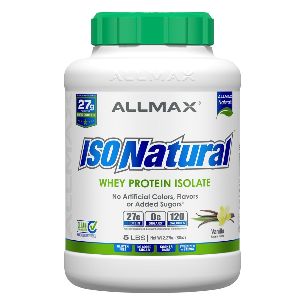 ALLMAX Nutrition ISONATURAL Isolation des protéines de lactosérum, Vanille - 5 lb - 27 grammes de protéines par scoop - Zéro gras et sucre - 99% Sans lactose - avec des prébiotiques - Pas d'arôme artificiel - 73 portions
