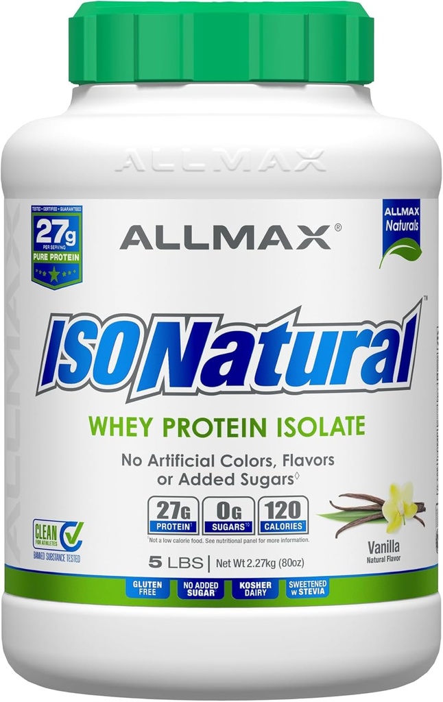 ALLMAX Nutrition ISONATURAL Isolation des protéines de lactosérum, Vanille - 5 lb - 27 grammes de protéines par scoop - Zéro gras et sucre - 99% Sans lactose - avec des prébiotiques - Pas d'arôme artificiel - 73 portions