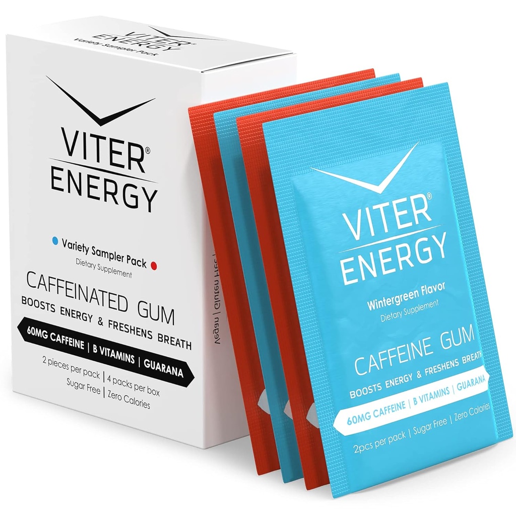 Vitre énergie Gum caféiné 60mg caféine, B vitamines, Guarana, sans sucre. (Variété, 2pcs, 4 Pack)
